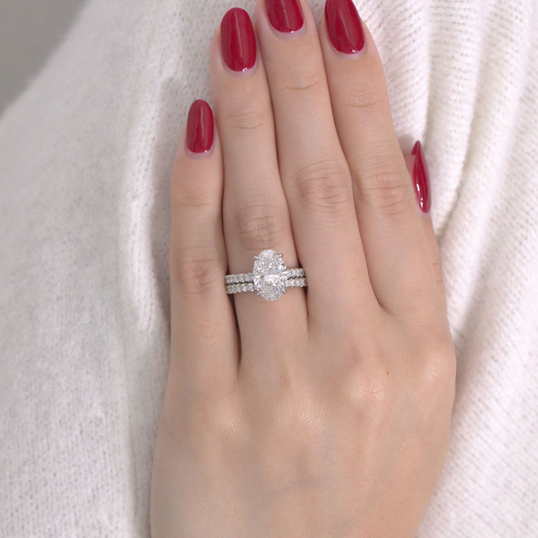 2.63ct Lab Grown Oval Diamond Tulip Diamond Bridge Tapered Cathedral French Pave Platinum Engagement Ring