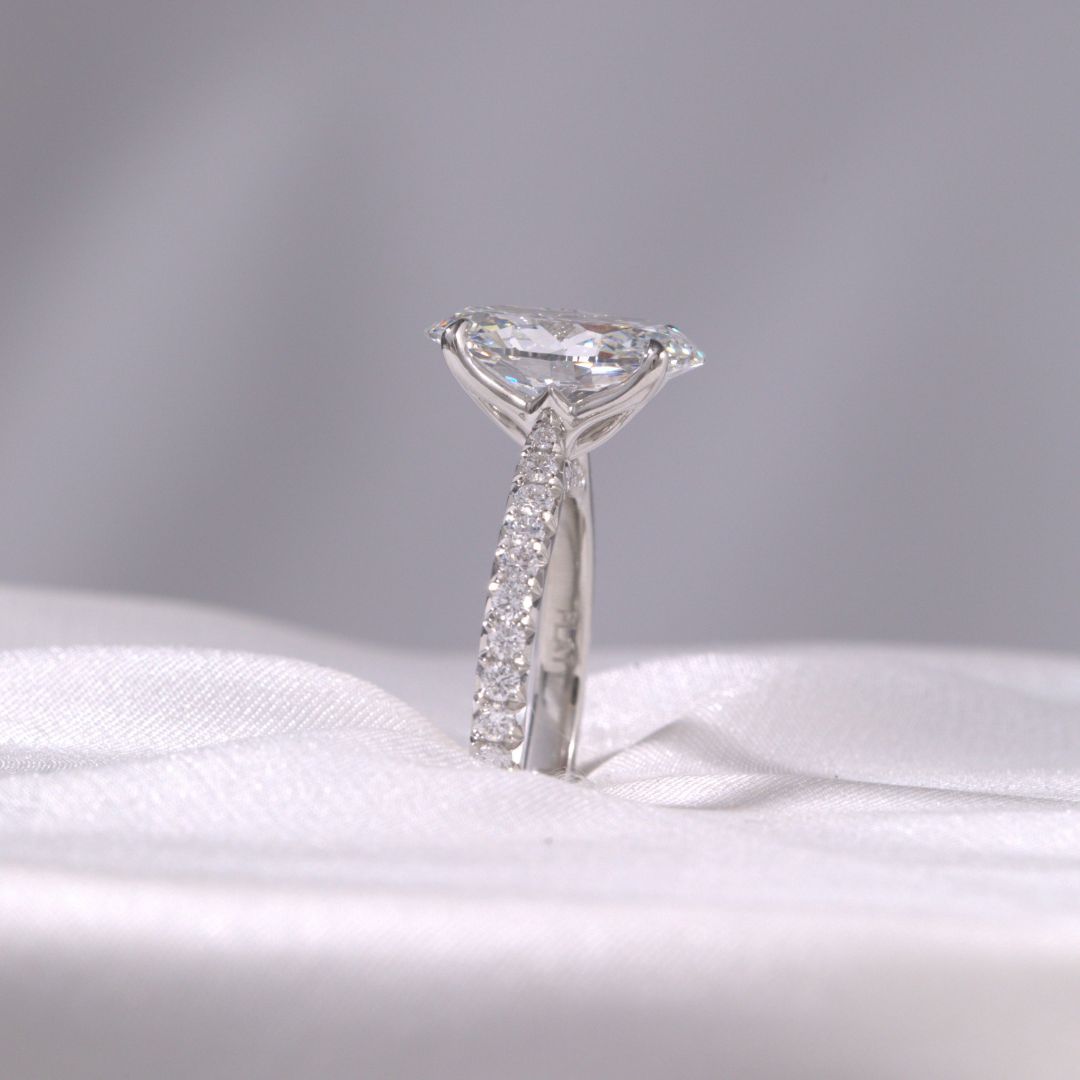 2.63ct Lab Grown Oval Diamond Tulip Diamond Bridge Tapered Cathedral French Pave Platinum Engagement Ring