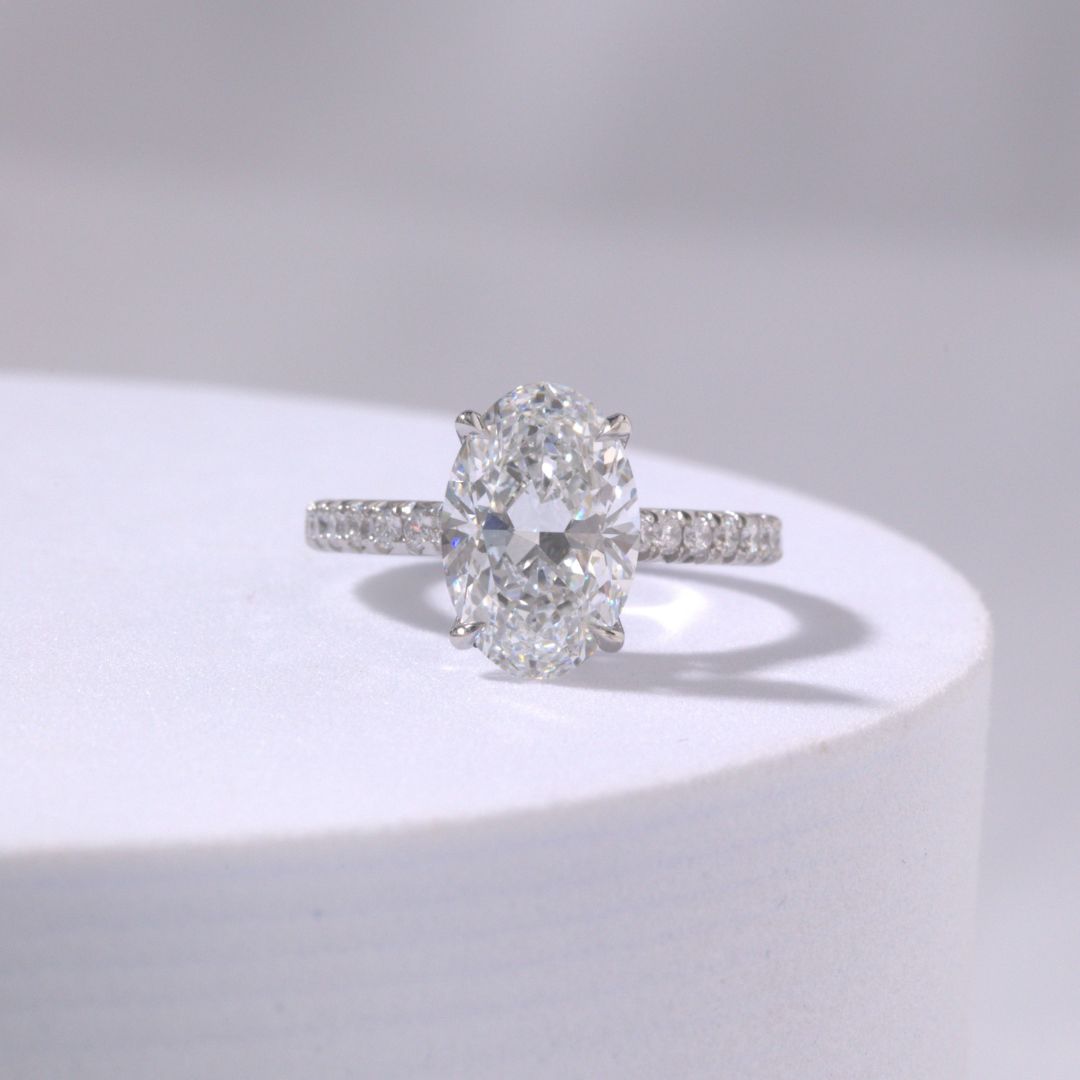 2.63ct Lab Grown Oval Diamond Tulip Diamond Bridge Tapered Cathedral French Pave Platinum Engagement Ring