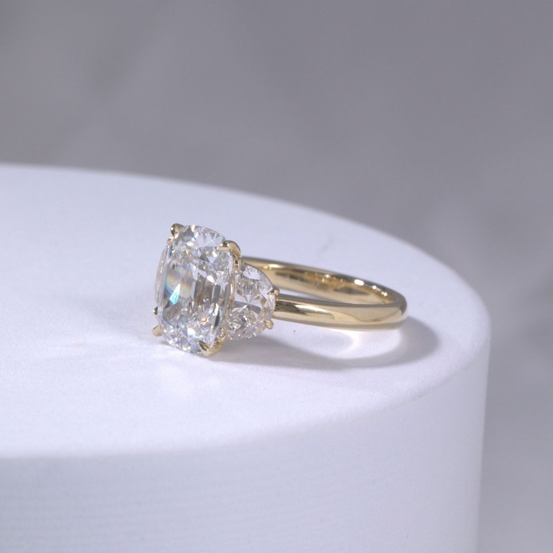 Cushion Diamond Old Mine with Half Moon Side Stones Yellow Gold Engagement Ring