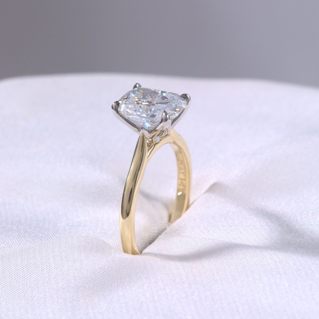 Cushion Diamond Tulip Low Tapered Cathedral Solitaire Yellow Gold And Platinum Engagement Ring