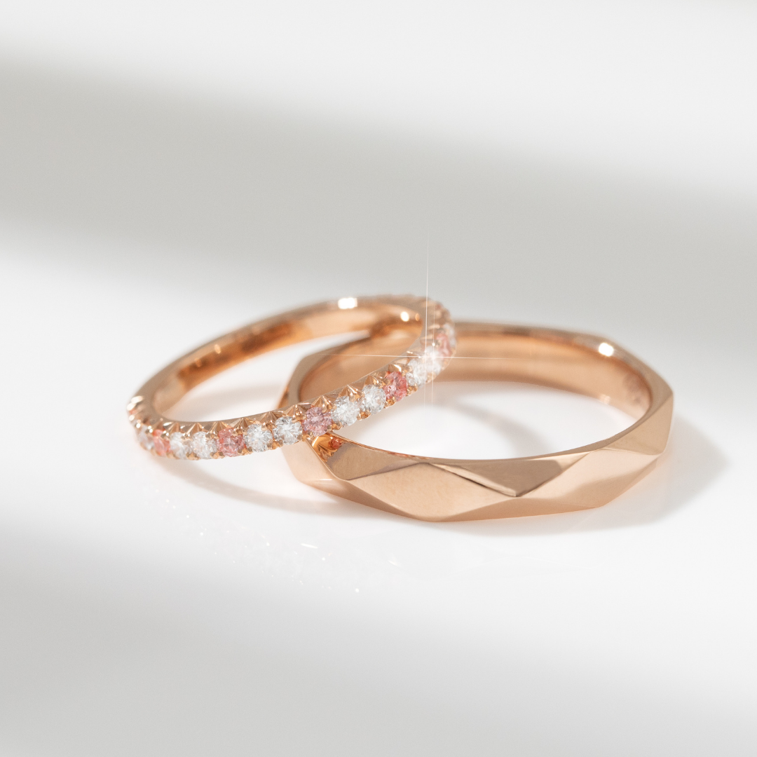 Lab Pink White Diamonds French Pave Wedding Band
