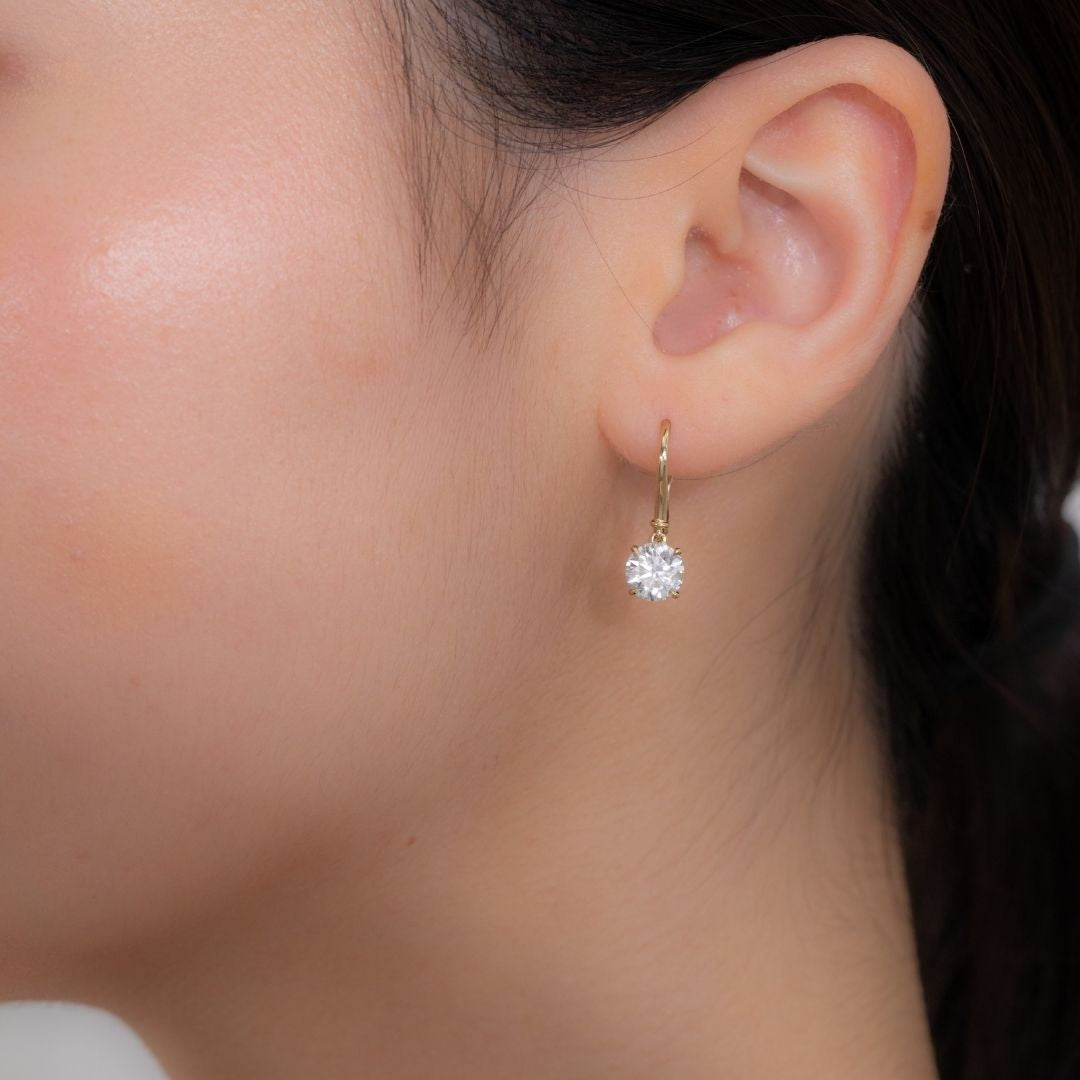 2ct Lab Grown Round Diamond 4 Prong Basket Yellow Gold Dangle Drop Earrings