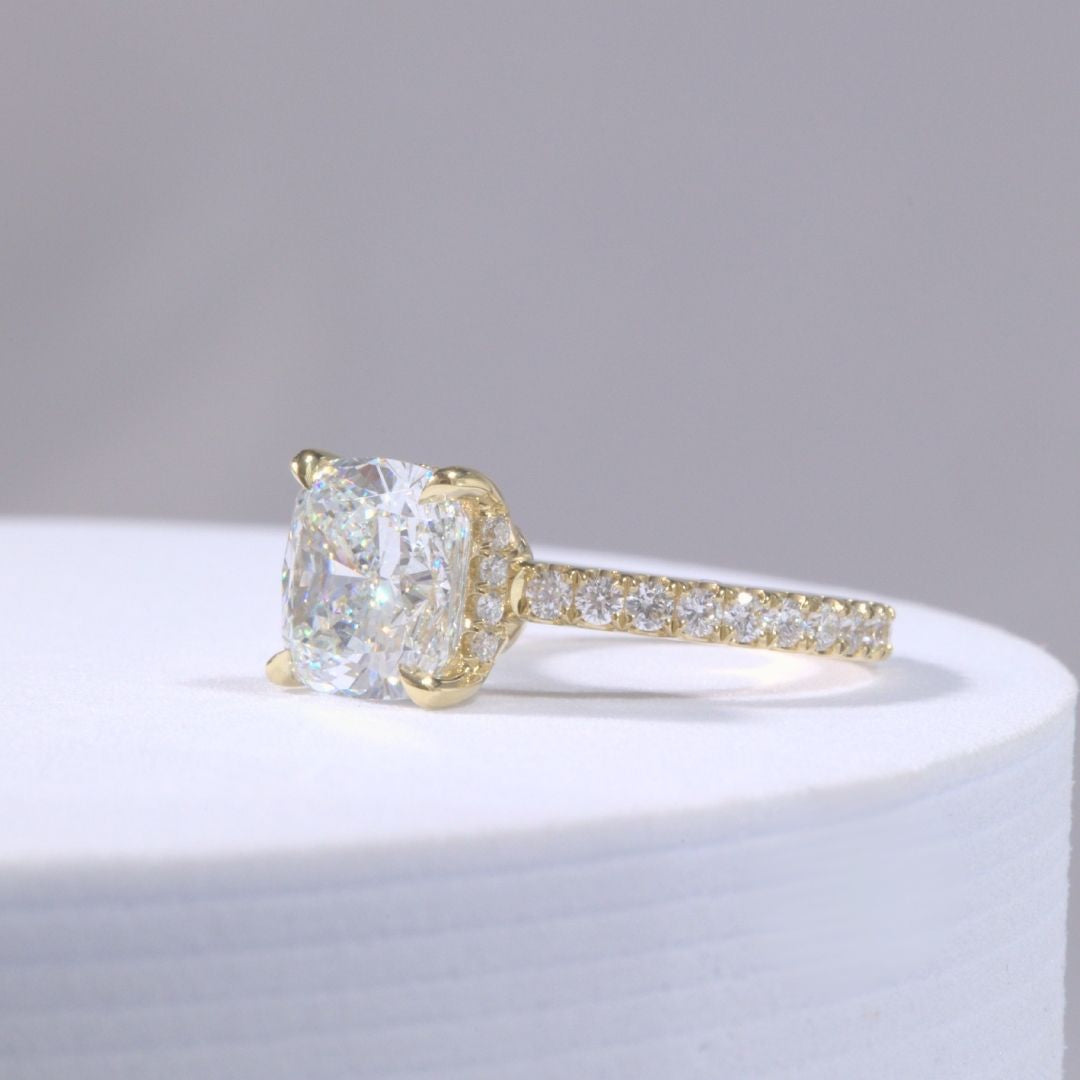 Cushion Diamond Double Hidden Halo U Pave Yellow Gold Engagement Ring