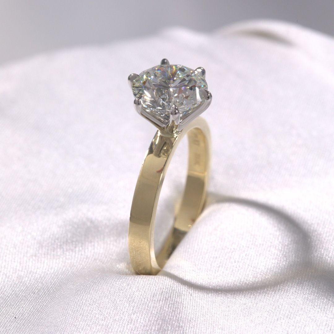 Round Diamond 6 Straight Prong Flat Pipe Shank Solitaire Yellow Gold And Platinum Engagement Ring