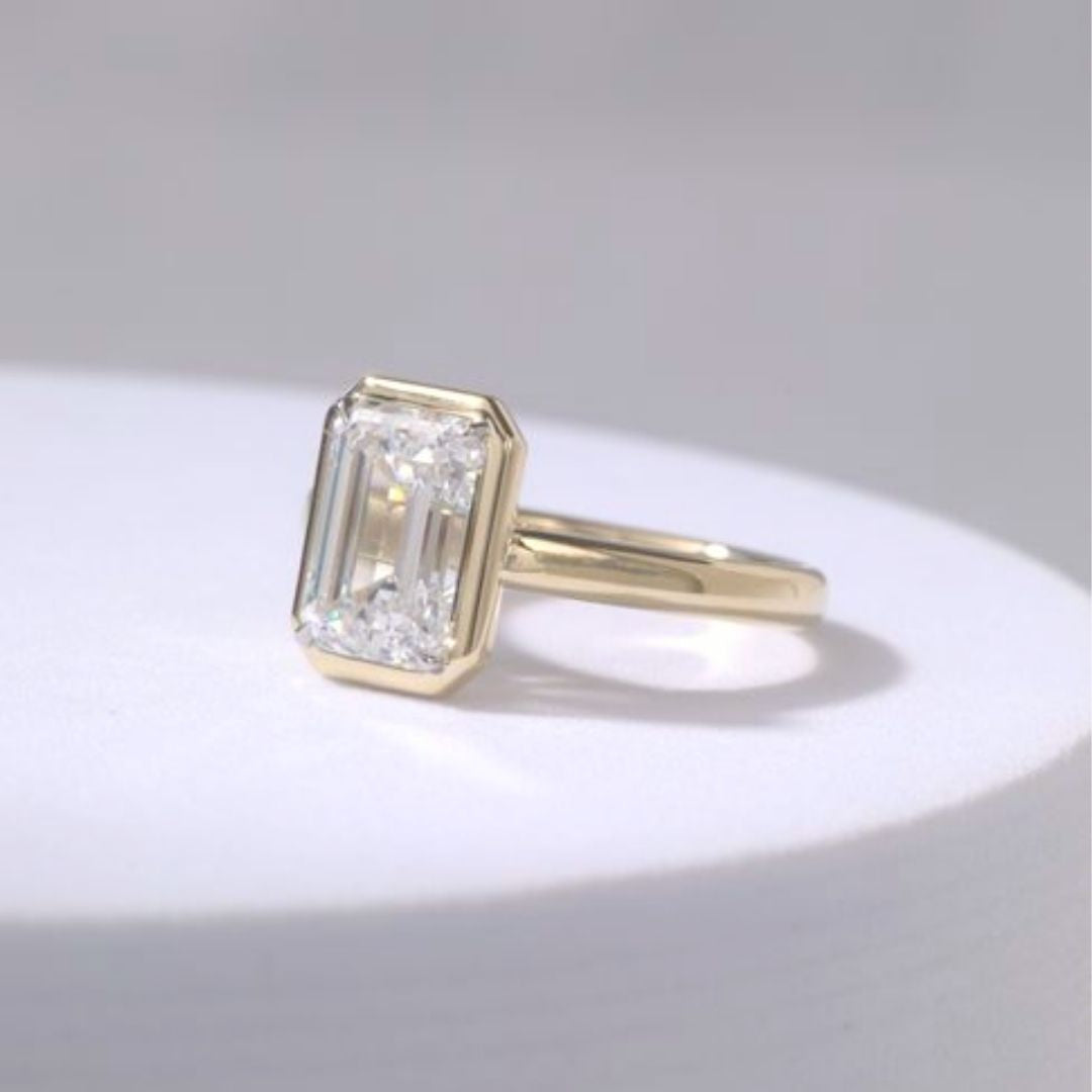 Emerald Diamond Mira Bezel Solitaire Yellow Gold And Platinum Engagement Ring