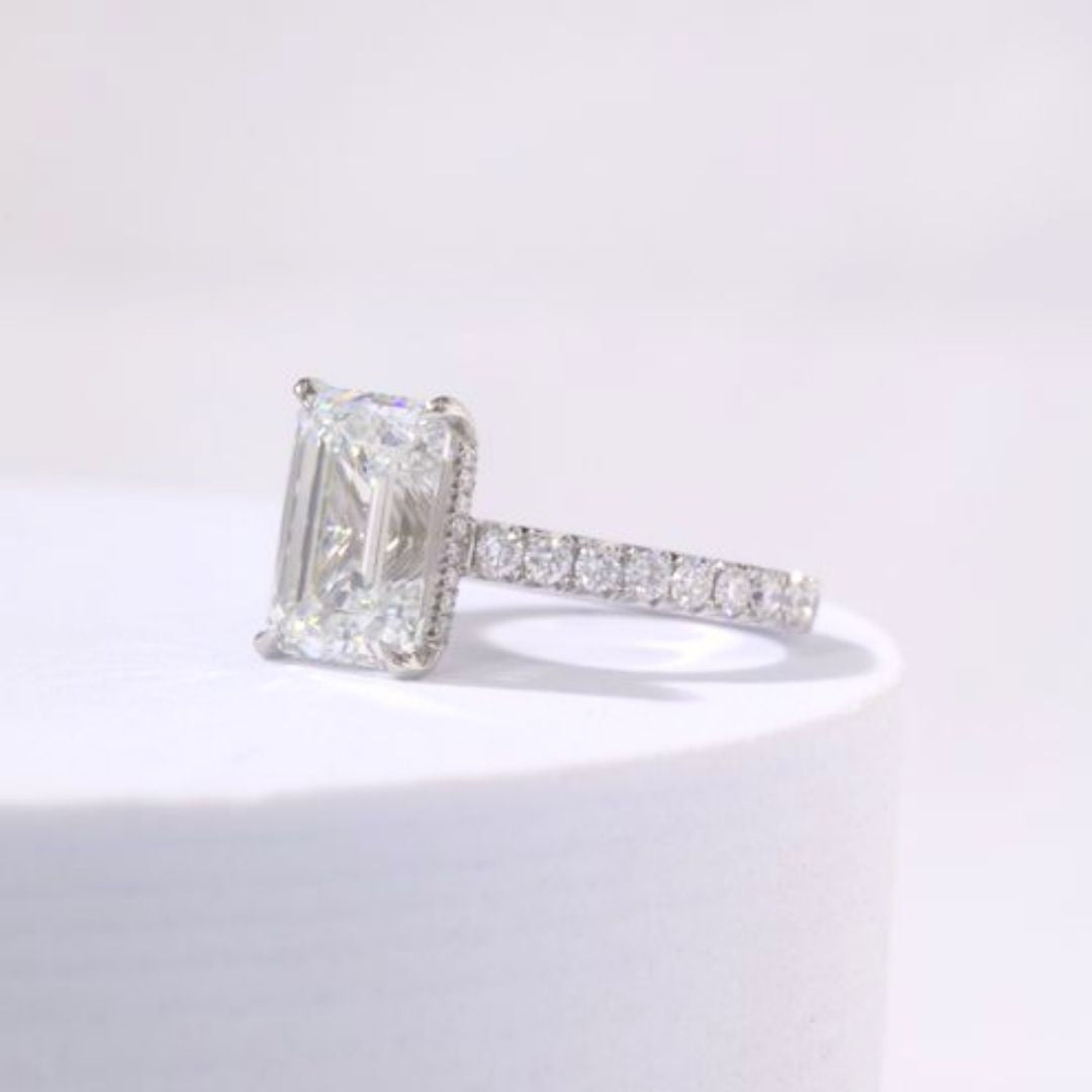 4.10ct Lab Emerald Diamond Hidden Halo Cathedral French Pave Platinum Engagement Ring