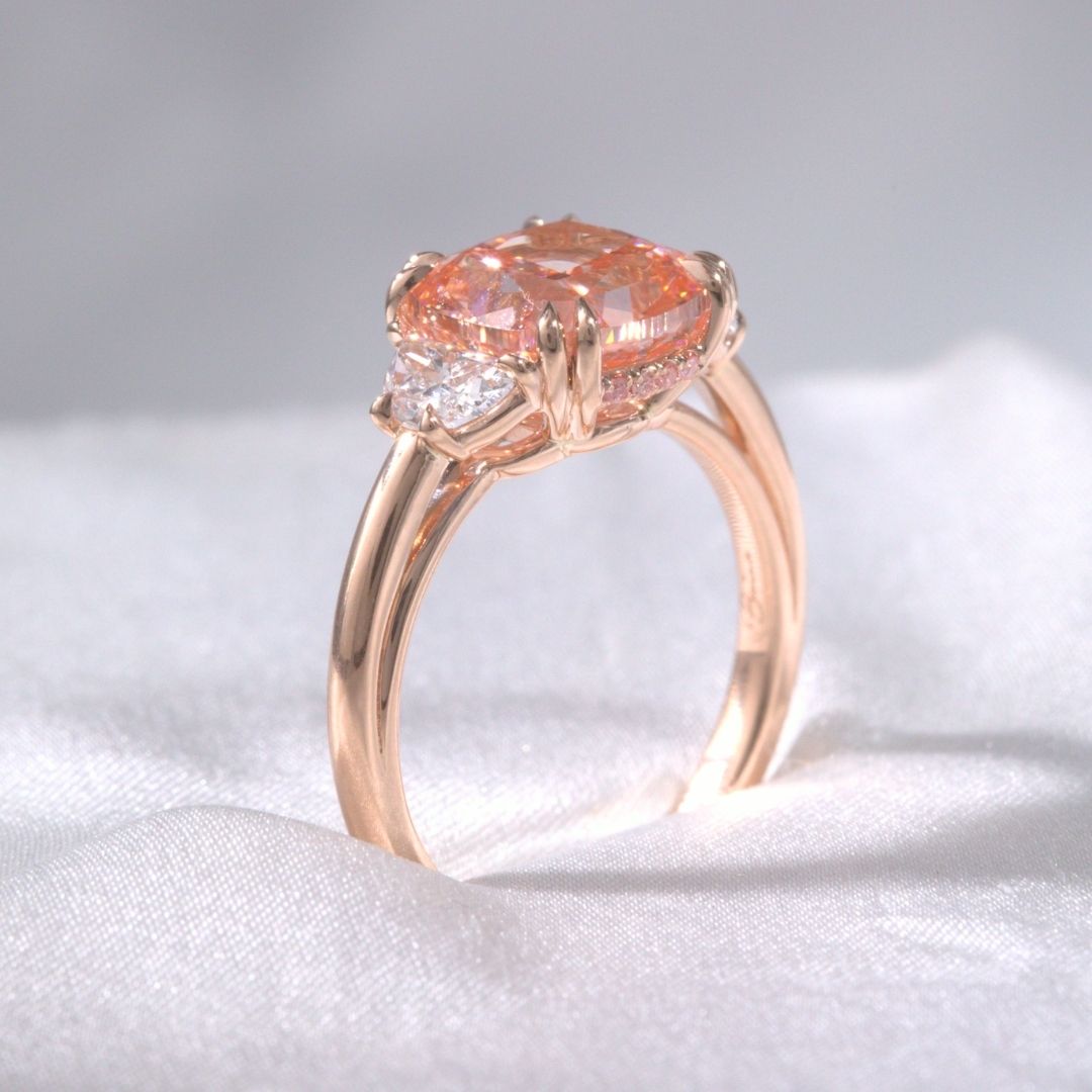 3.50ct Fancy Pink Cushion Diamond Hidden Halo with Half Moon Side Stones Rose Gold Engagement Ring