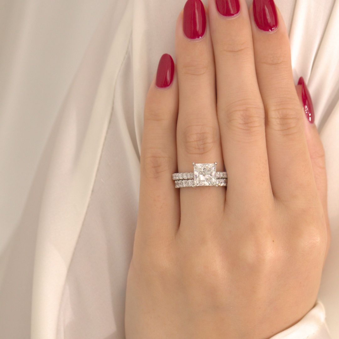 2.82ct Lab Grown Princess Diamond Hidden Halo Tapered Cathedral French Pavé Platinum Engagement Ring