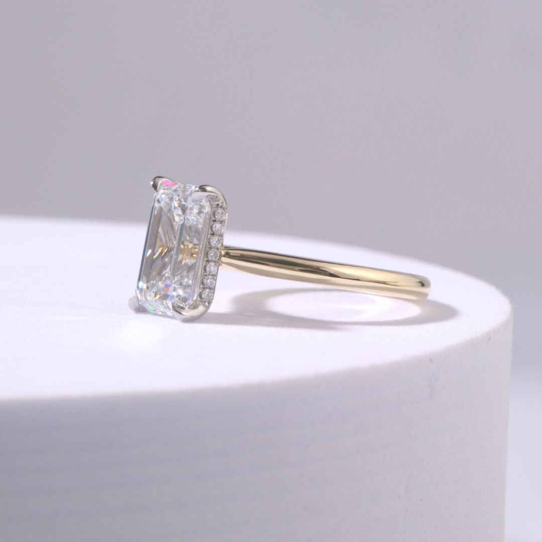 Emerald Diamond Hidden Halo Cathedral Solitaire Yellow Gold and Platinum Engagement Ring
