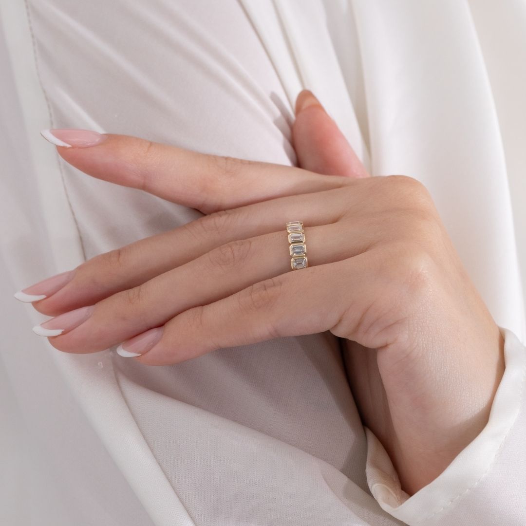 2.75ct Emerald Cut Diamond Bezel Set Yellow Gold Eternity Band