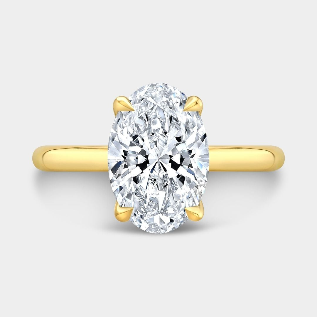 Oval Diamond Tulip Low Tapered Cathedral Solitaire Yellow Gold Engagement Ring