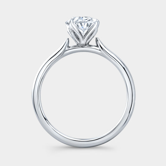 White gold ring, oval diamond, tulip basket.