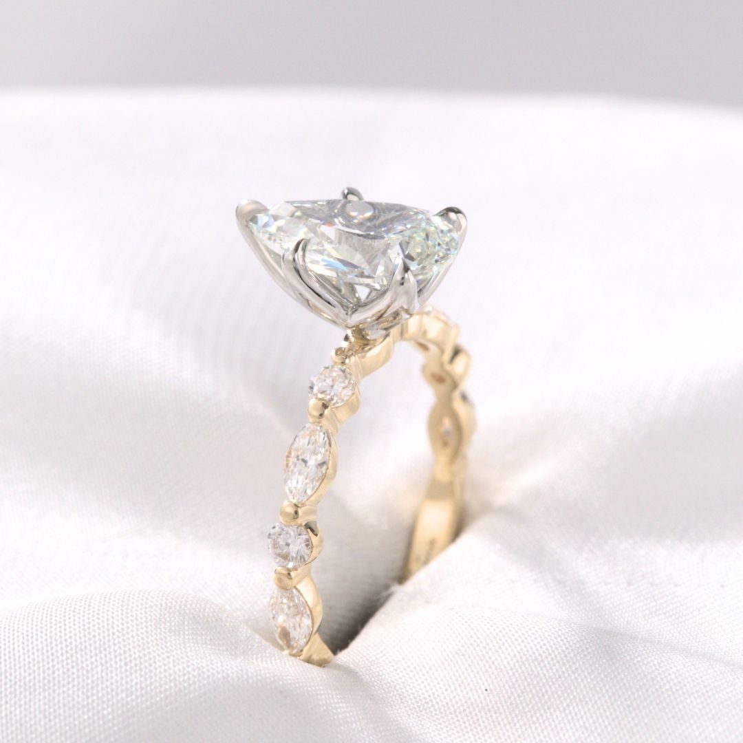 Pear Diamond Tulip French Pave Tulip Basket Petite Round & Marquise Diamond Band Engagement Ring
