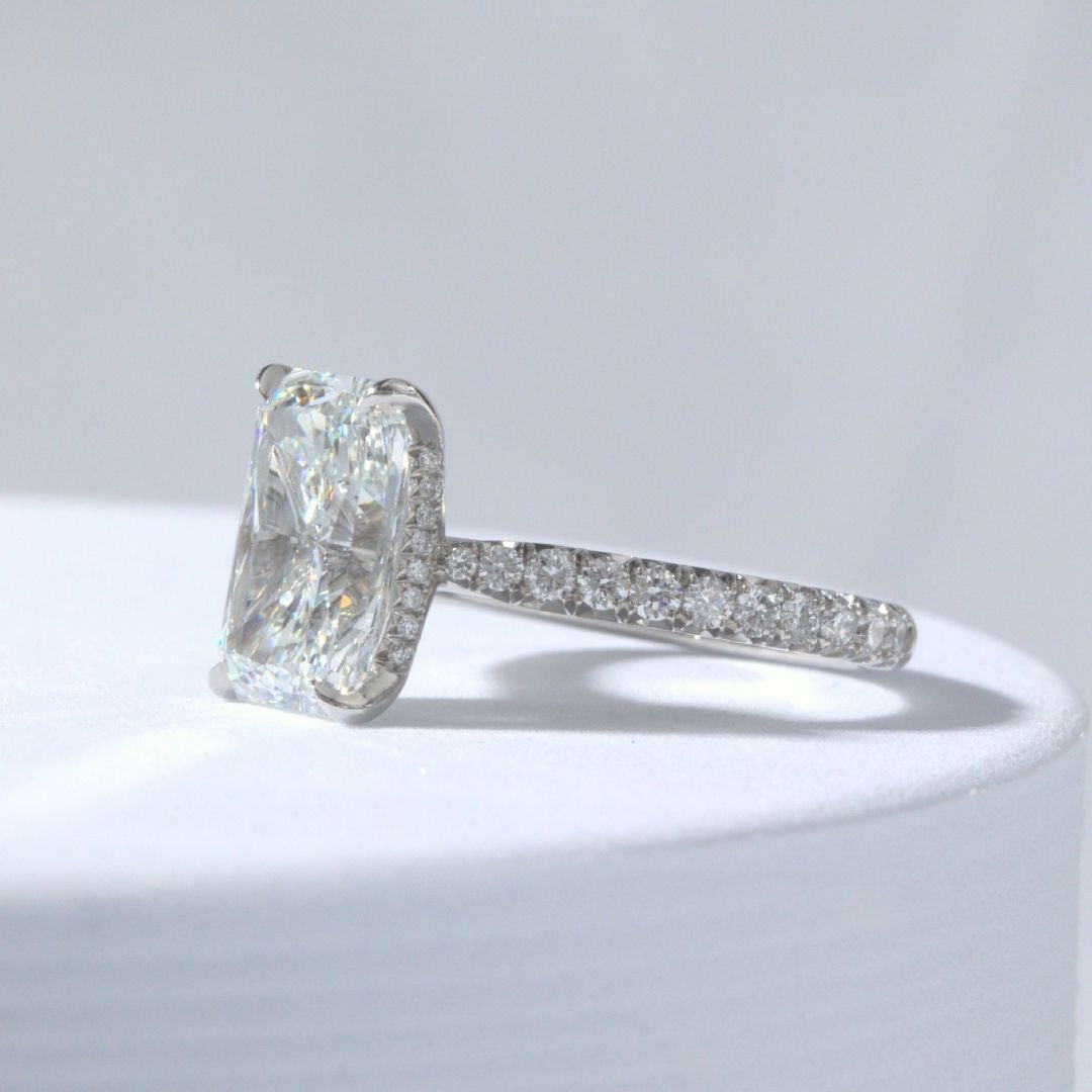 Radiant Diamond Hidden Halo French Pave Platinum Engagement Ring