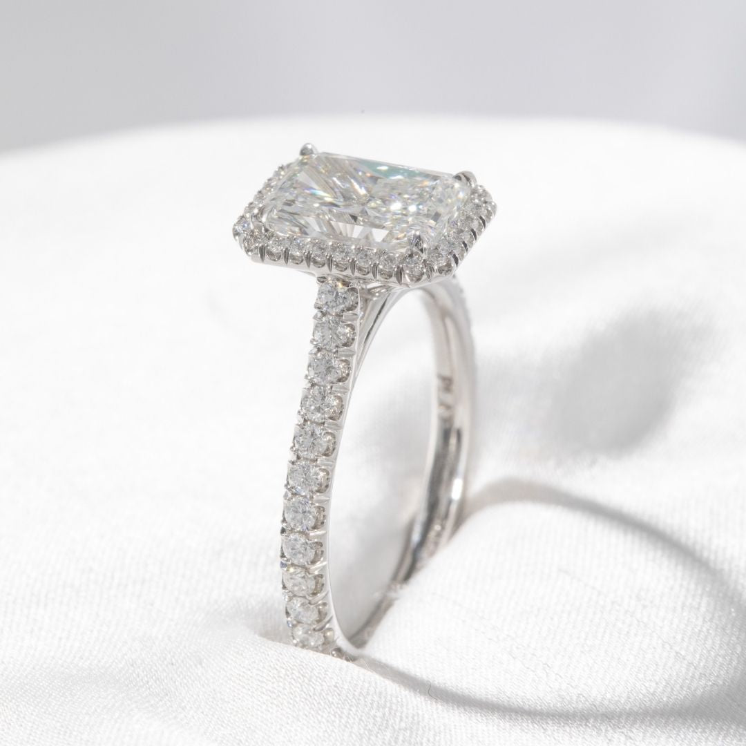 Radiant Diamond Seamless Halo Cathedral U Pave French Pave Platinum Engagement Ring