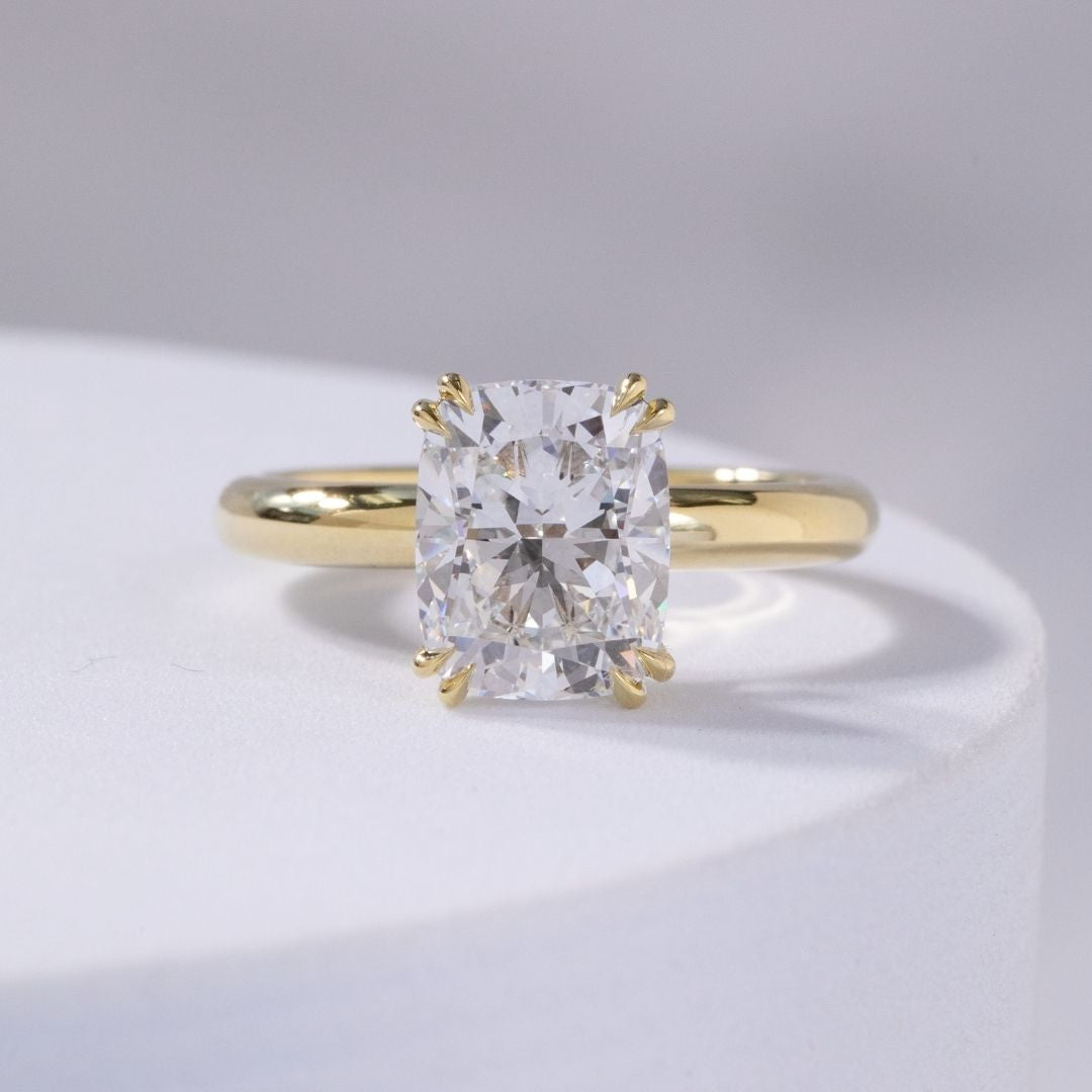 Cushion Diamond Curved Bar Hidden Halo Solitaire Yellow Gold Engagement Ring