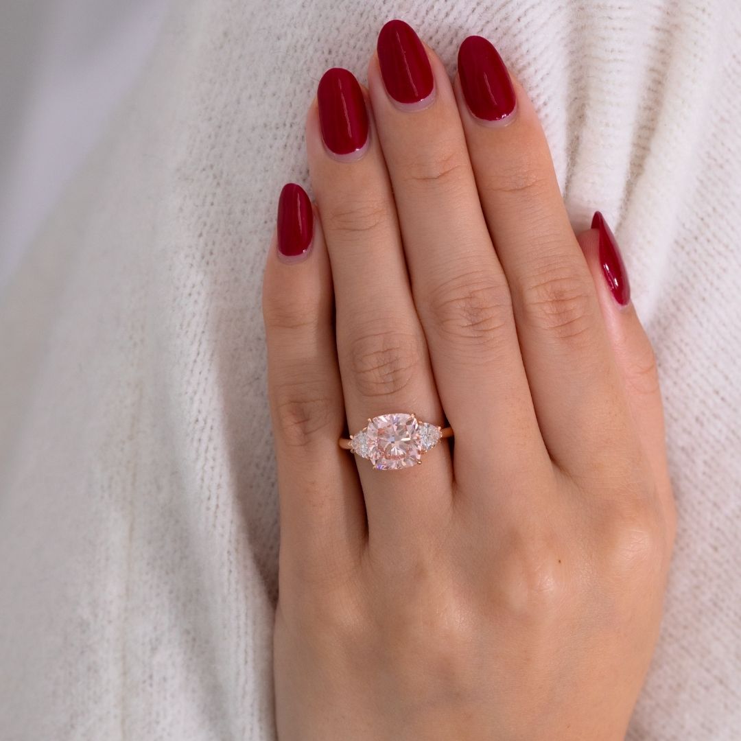 4ct Lab Grown Pink Cushion Cut Diamond 3 Stone Engagement Ring with Trillions