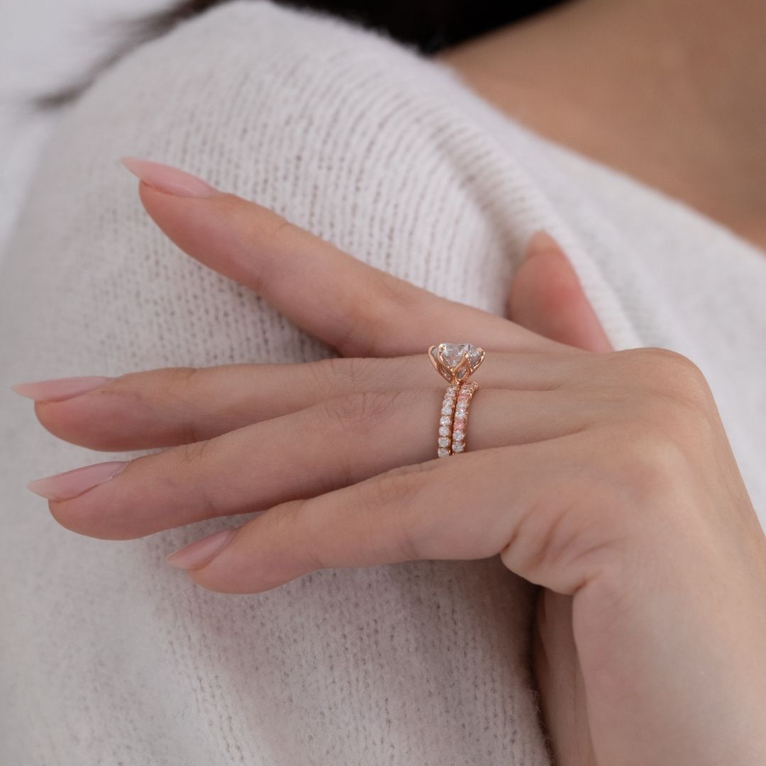 Lab Pink White Diamonds French Pave Wedding Band