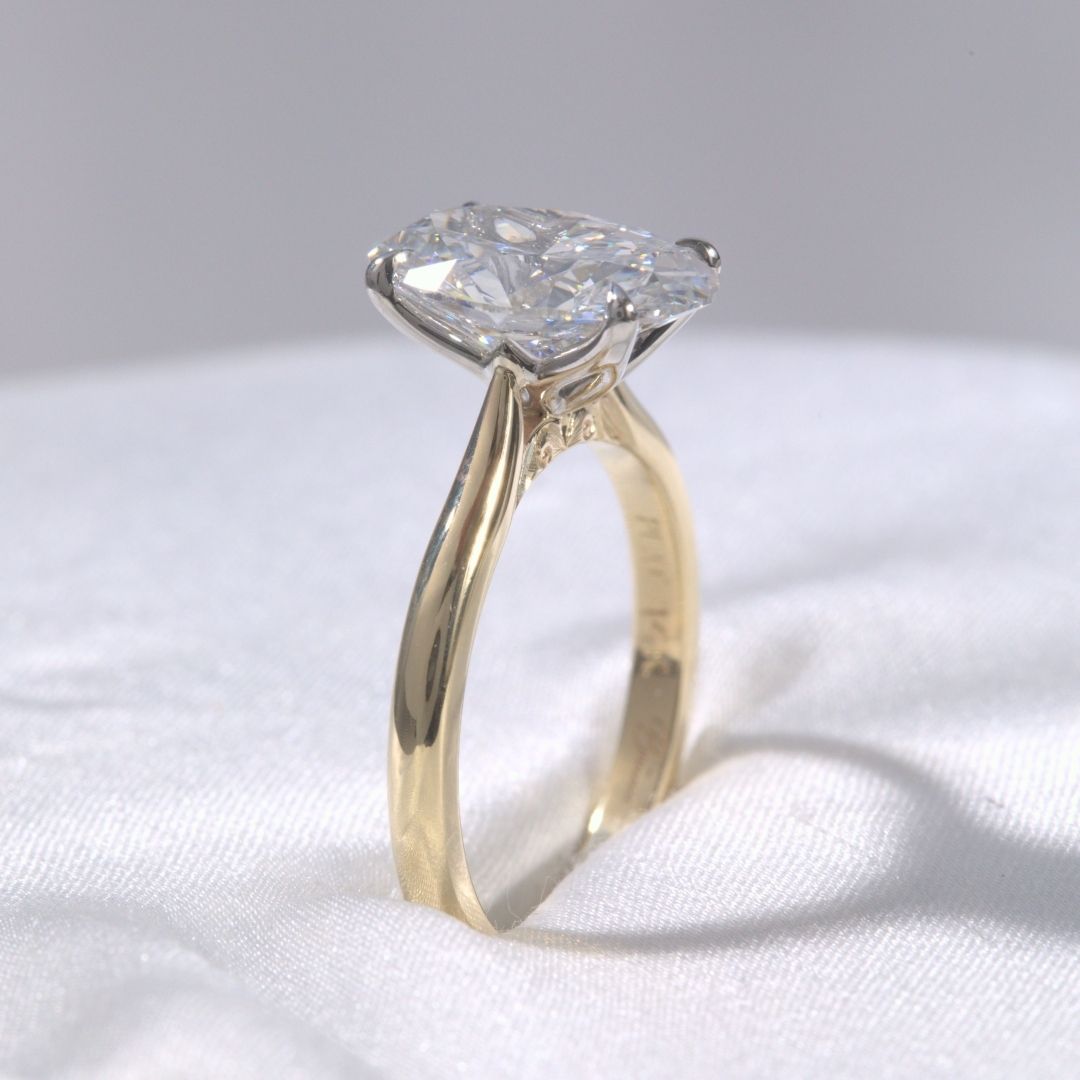 Oval Diamond Tulip Low Tapered Cathedral Solitaire Yellow Gold And Platinum Engagement Ring