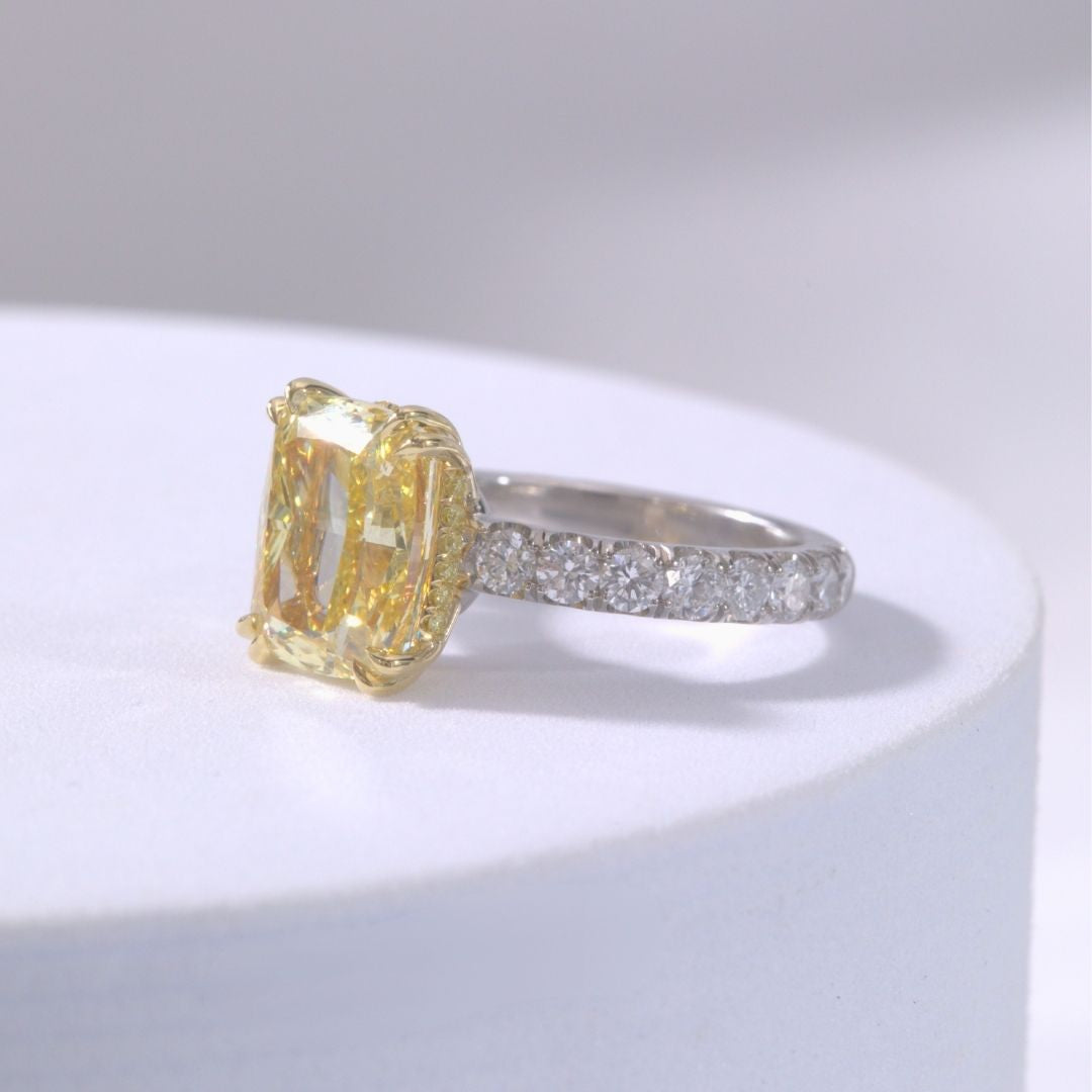 4.50ct Fancy Yellow Cushion Diamond Hidden Halo Double Prong 3/4 Way U Pave Yellow Gold and Platinum Engagement Ring