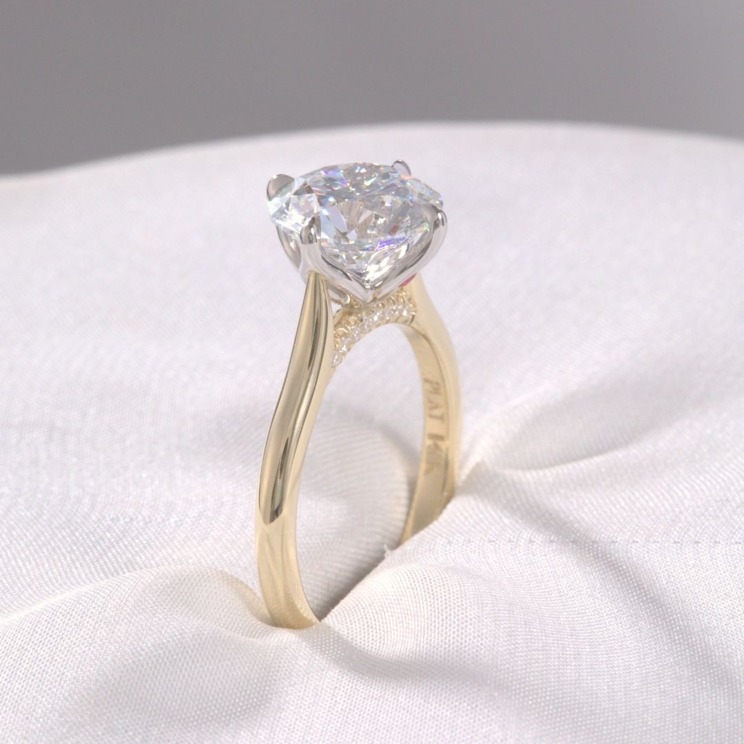 Round Diamond Compass Prong Tulip Basket Peekaboo Rubies Tapered Cathedral Diamond Bridge Solitaire Yellow Gold and Platinum Engagement Ring