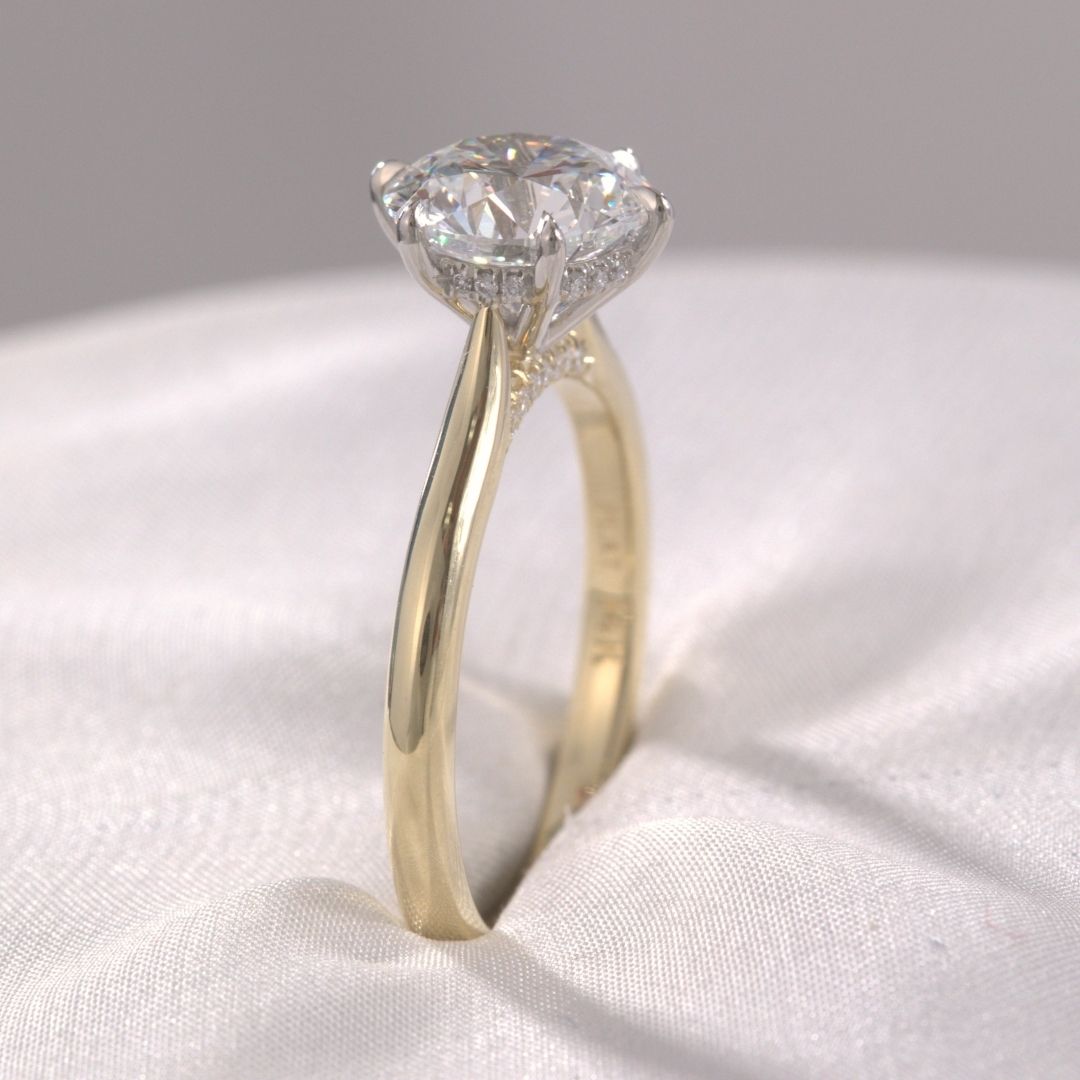 Round Diamond 6 Prong Hidden Halo Tapered Cathedral Diamond Bridge Solitaire Yellow Gold and Platinum Engagement Ring