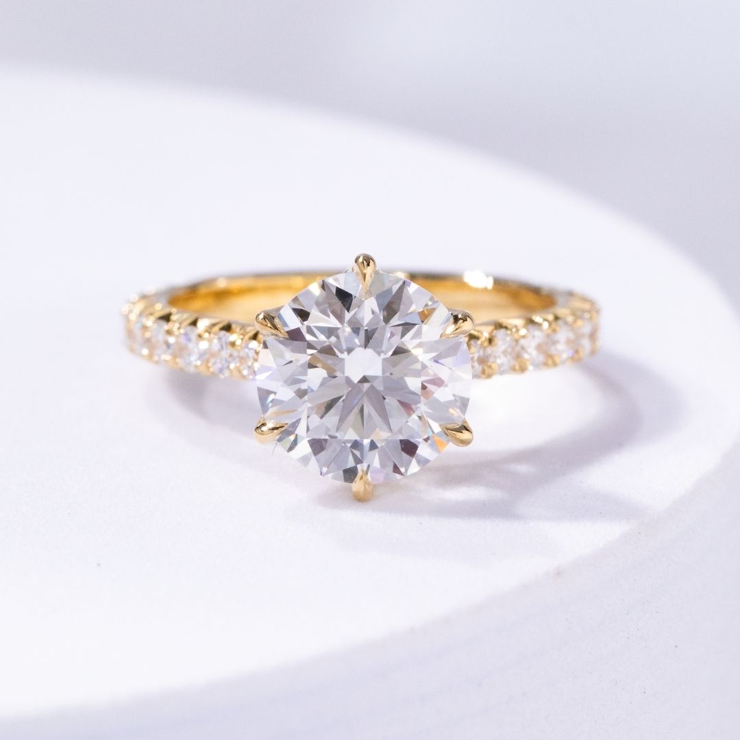 Round Diamond 6 Prong Tulip Basket Tapered Cathedral 3/4 Way French Pave Yellow Gold Engagement Ring