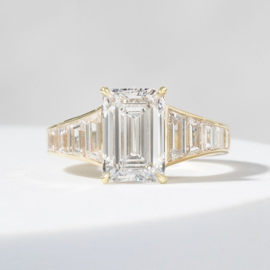 Emerald Diamond Channel Set Graduating Baguette Yellow Gold Ring