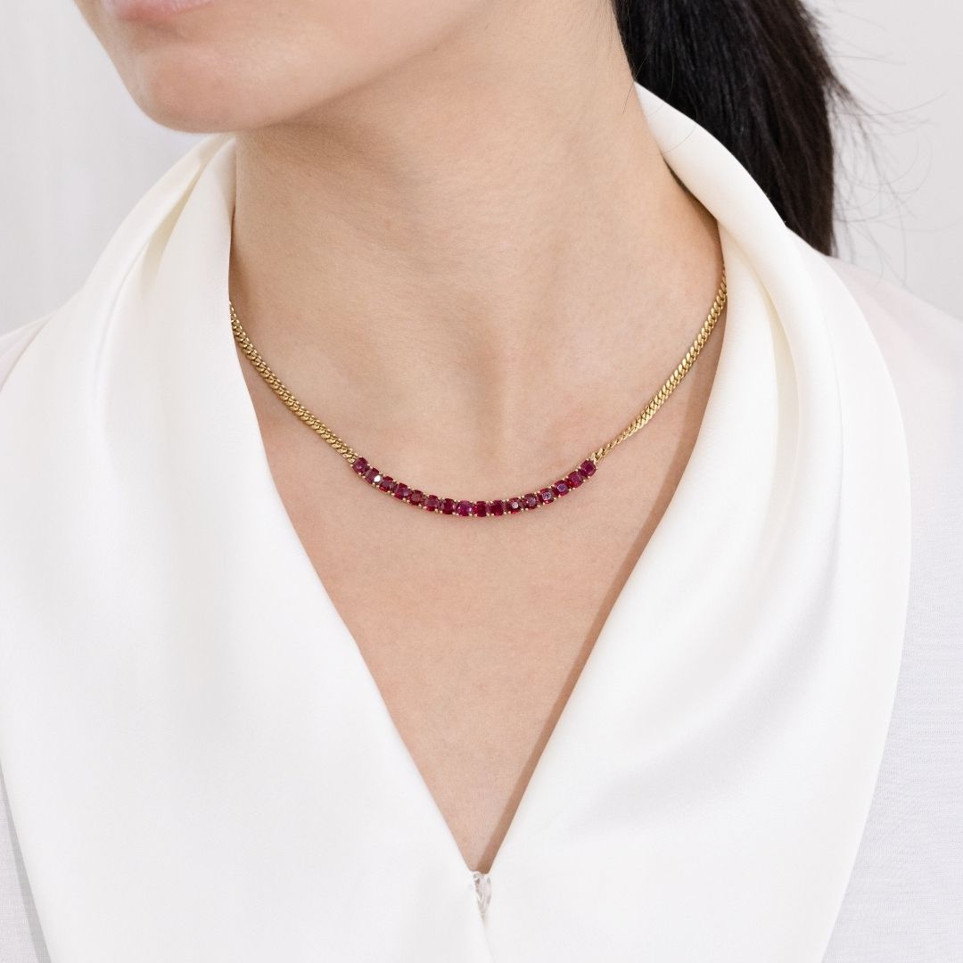 6ct Natural Cushion Cut Ruby Yellow Gold Cuban Tennis Necklace