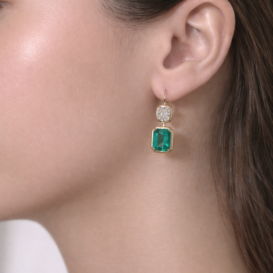 Natural Green Emerald & Natural Cushion Diamond Double Drop Earrings