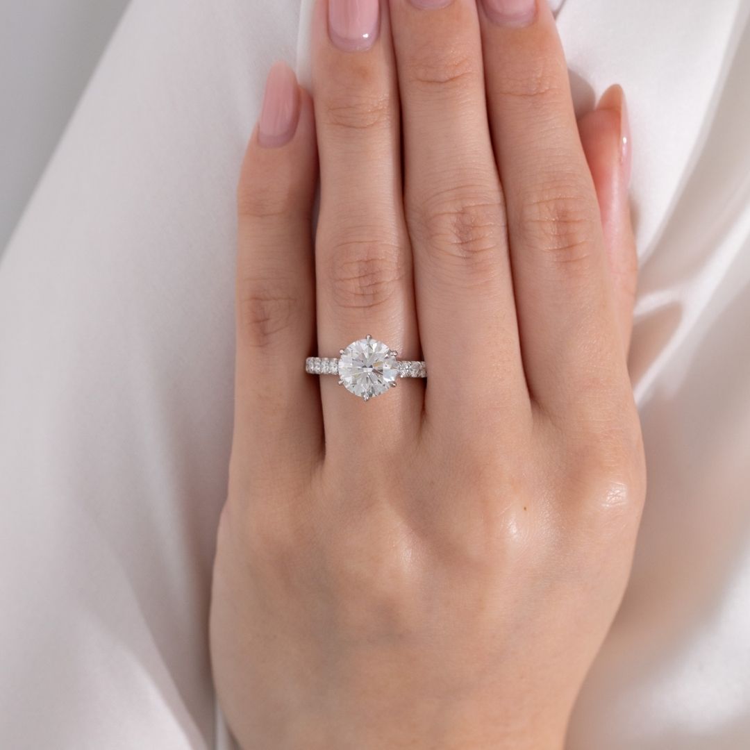 Round Diamond Tulip Basket 6 Prong Tapered Cathedral Pave Diamond Bridge U Pave Platinum Engagement Ring