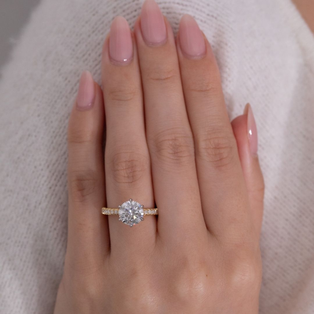 Round Diamond 6 Prong Low Tapered Cathedral French Pave Yellow Gold And Platinum Engagement Ring