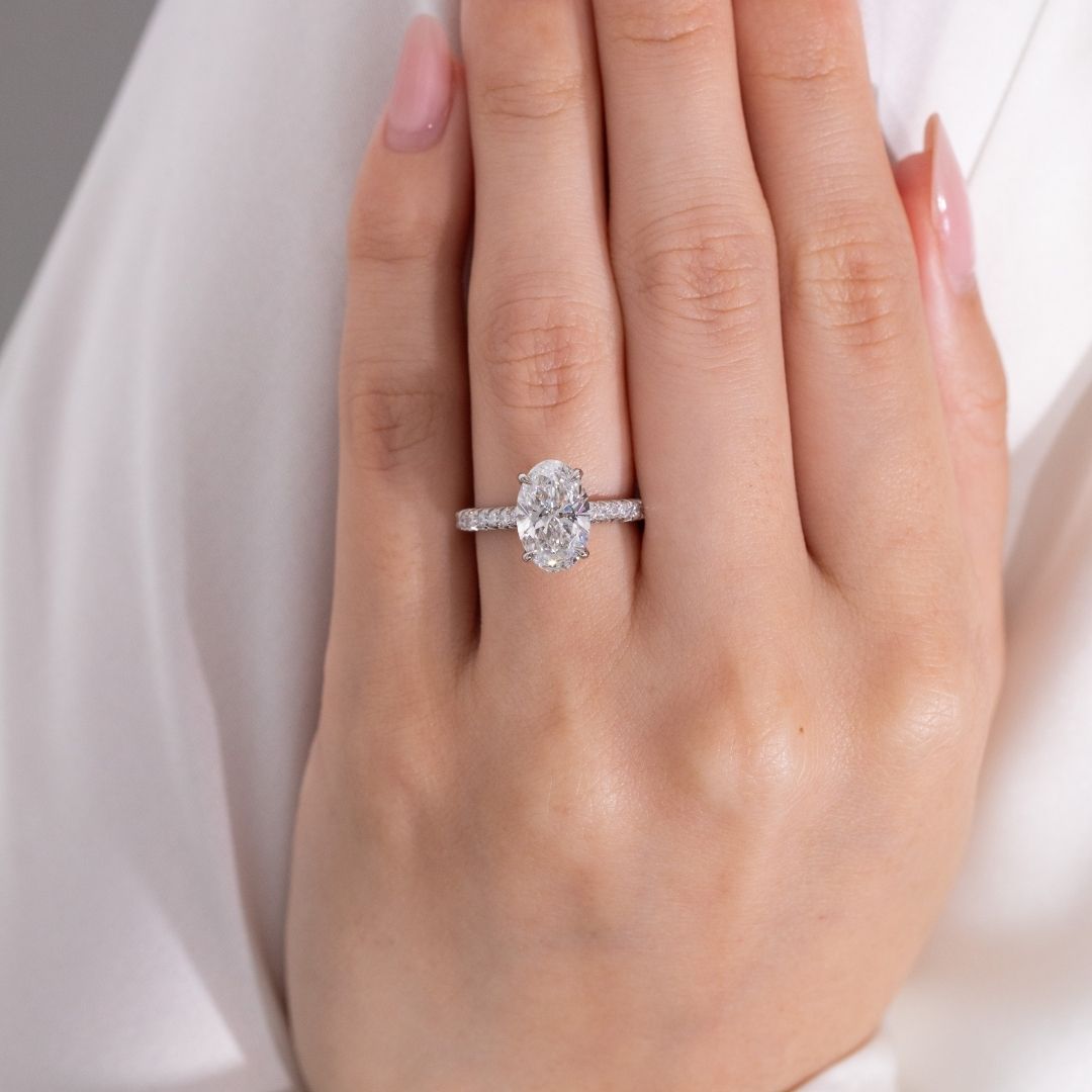 Oval Diamond Hidden Halo Hidden Blue Sapphire Cathedral French Pave Platinum Engagement Ring