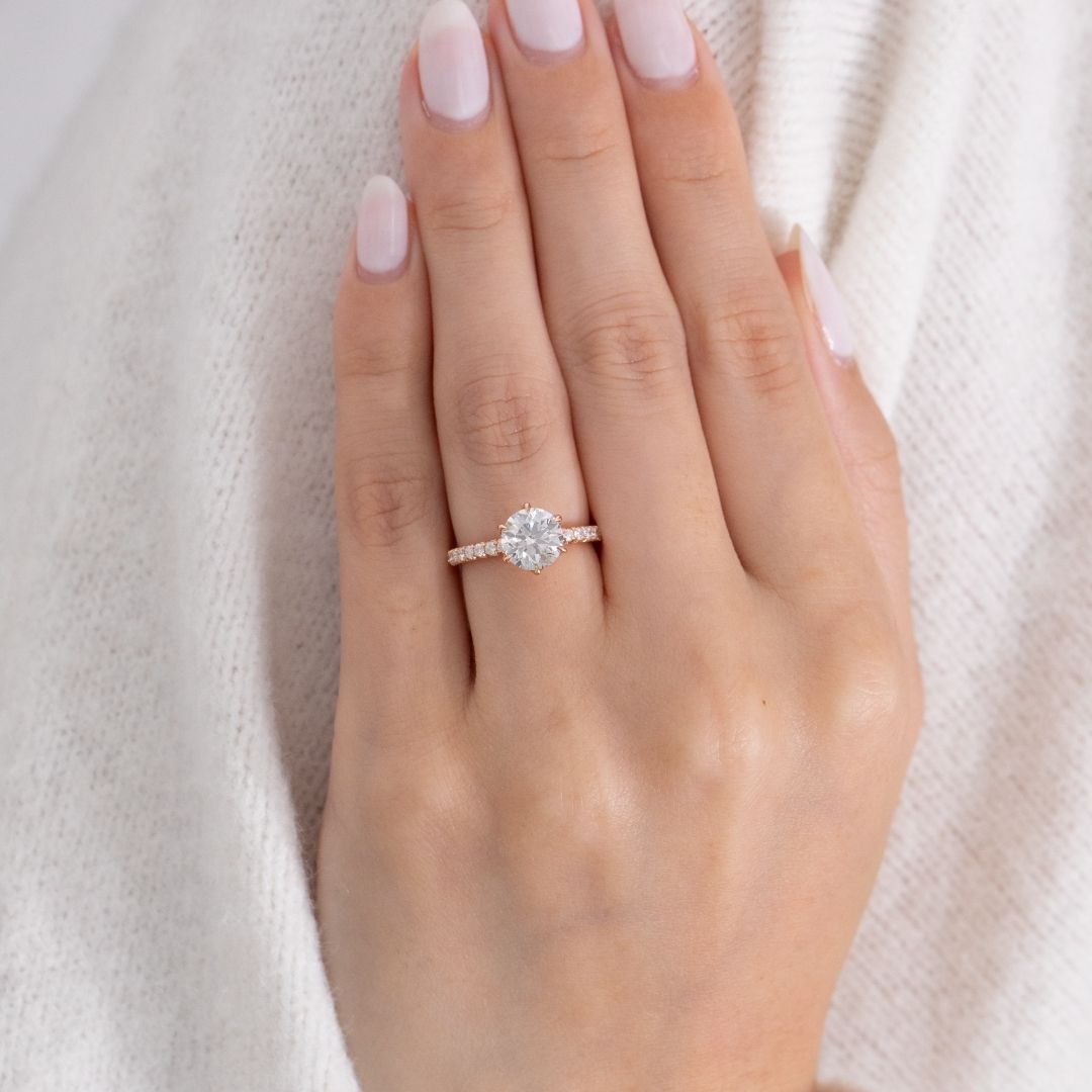 Round Diamond Tulip Basket 6 Prong Tapered Cathedral French Pave Rose Gold Engagement Ring