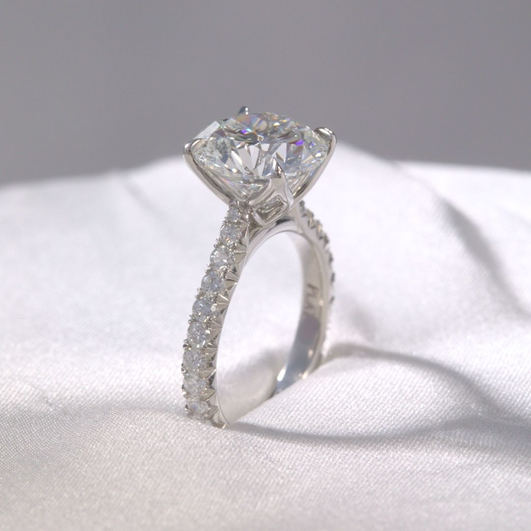 Round Diamond Tulip Basket 4 Prong Tapered Cathedral French Pave Platinum Engagement Ring