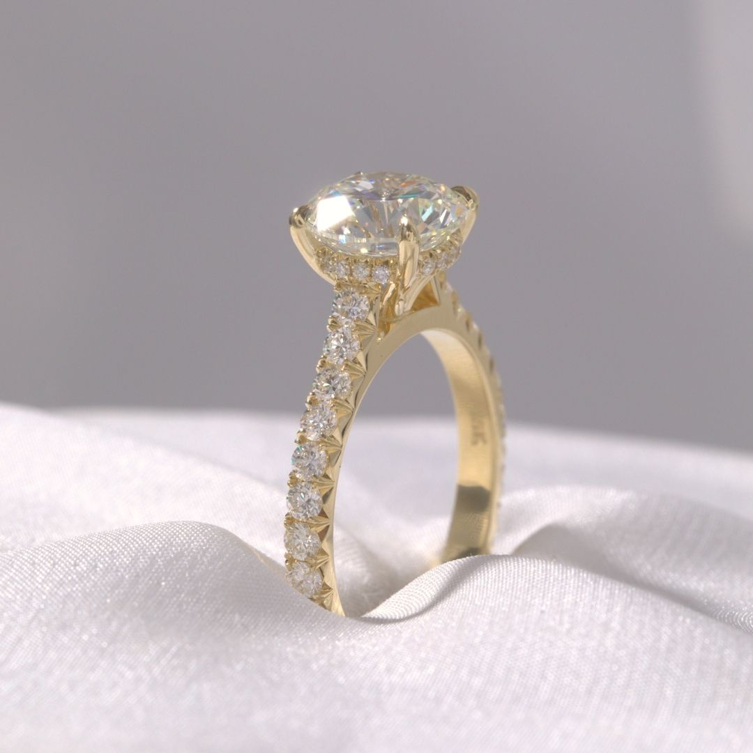 Round Diamond 4 Prong Hidden Halo Cathedral French Pave Yellow Gold Engagement Ring