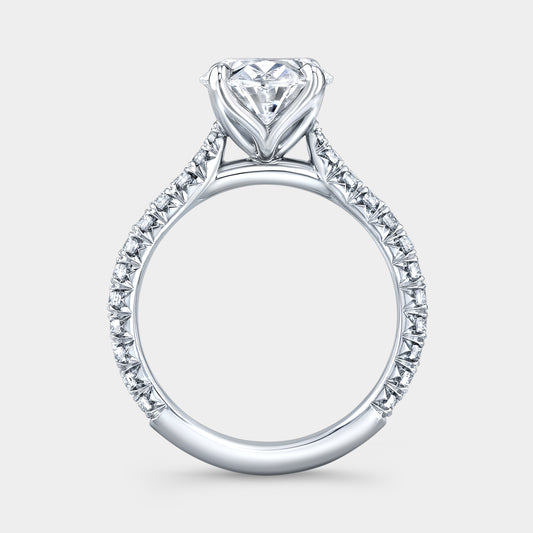 White gold ring, tulip basket and cathedral detail, French pave band.