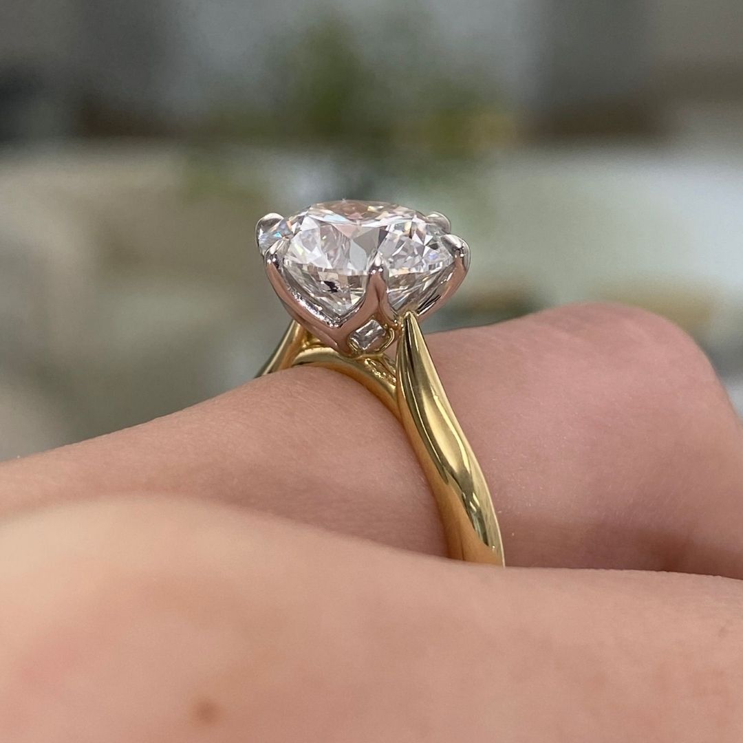 Round Diamond Tulip Basket 6 Prong Tapered Cathedral Solitaire Yellow Gold And Platinum Engagement Ring