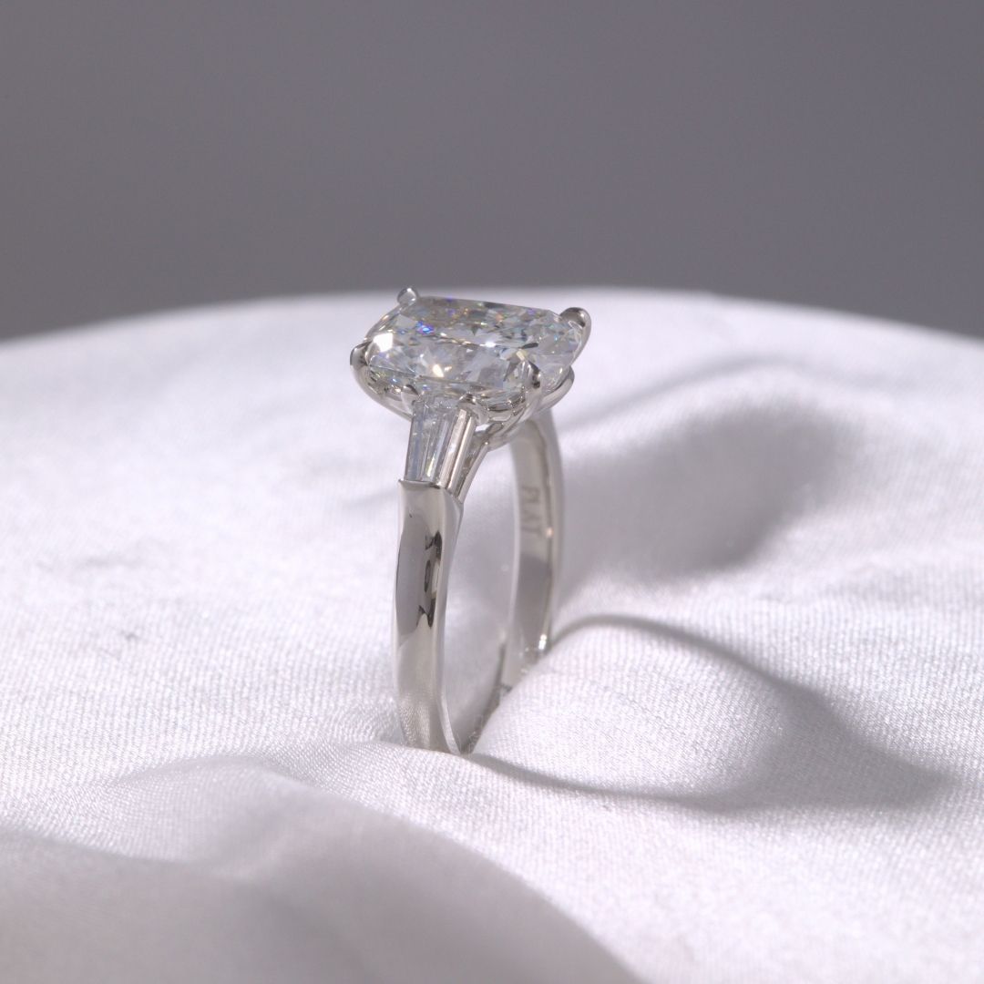 Cushion Diamond 3 Stone Ring with Tapered Baguette Side Stones Platinum Engagement Ring