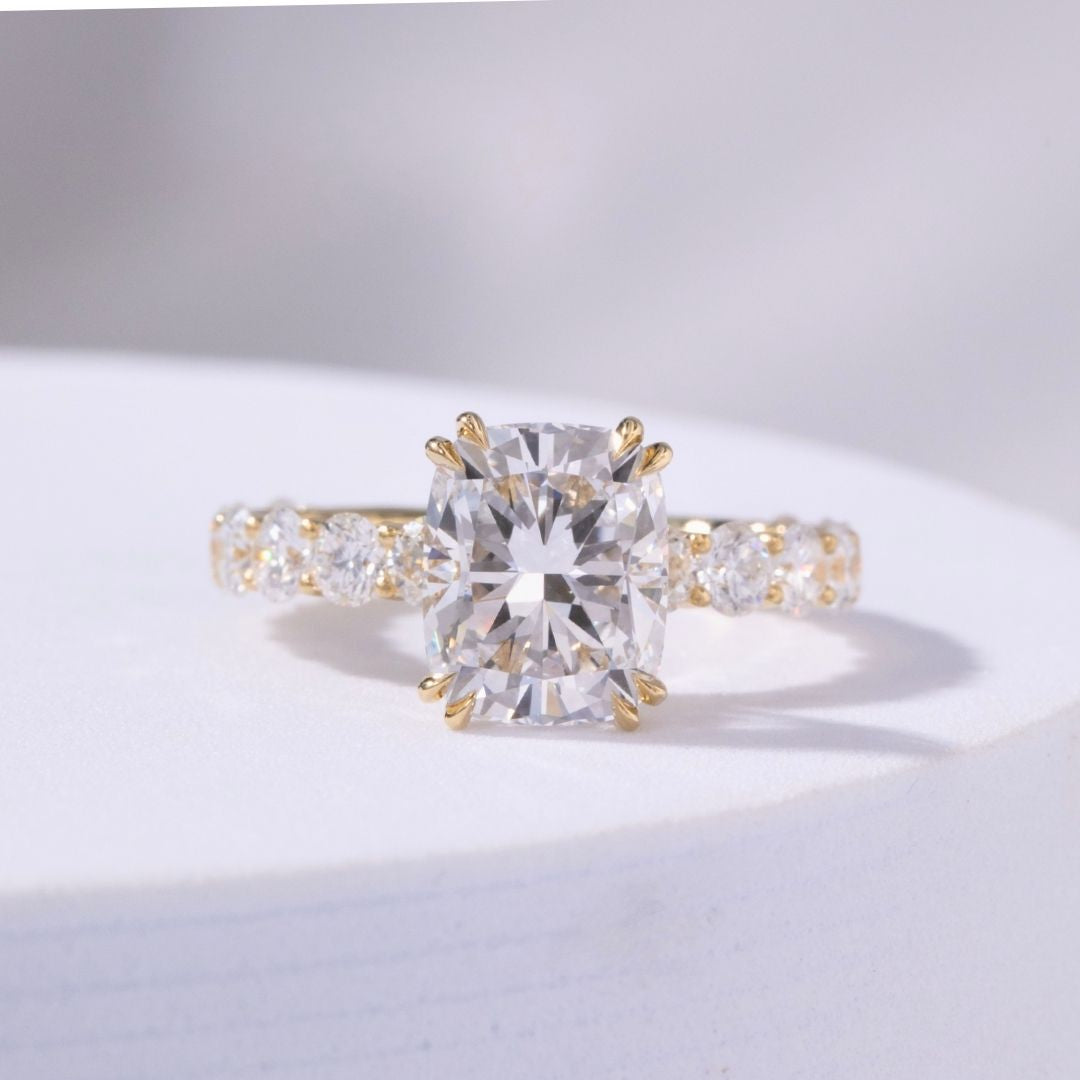 Cushion Diamond Double Prong Hidden Halo Eloise Trellis Yellow Gold Engagement Ring