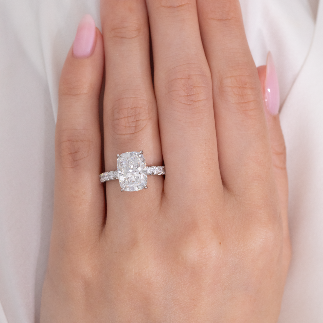 Cushion Diamond Double Hidden Halo French Pave Platinum Engagement Ring