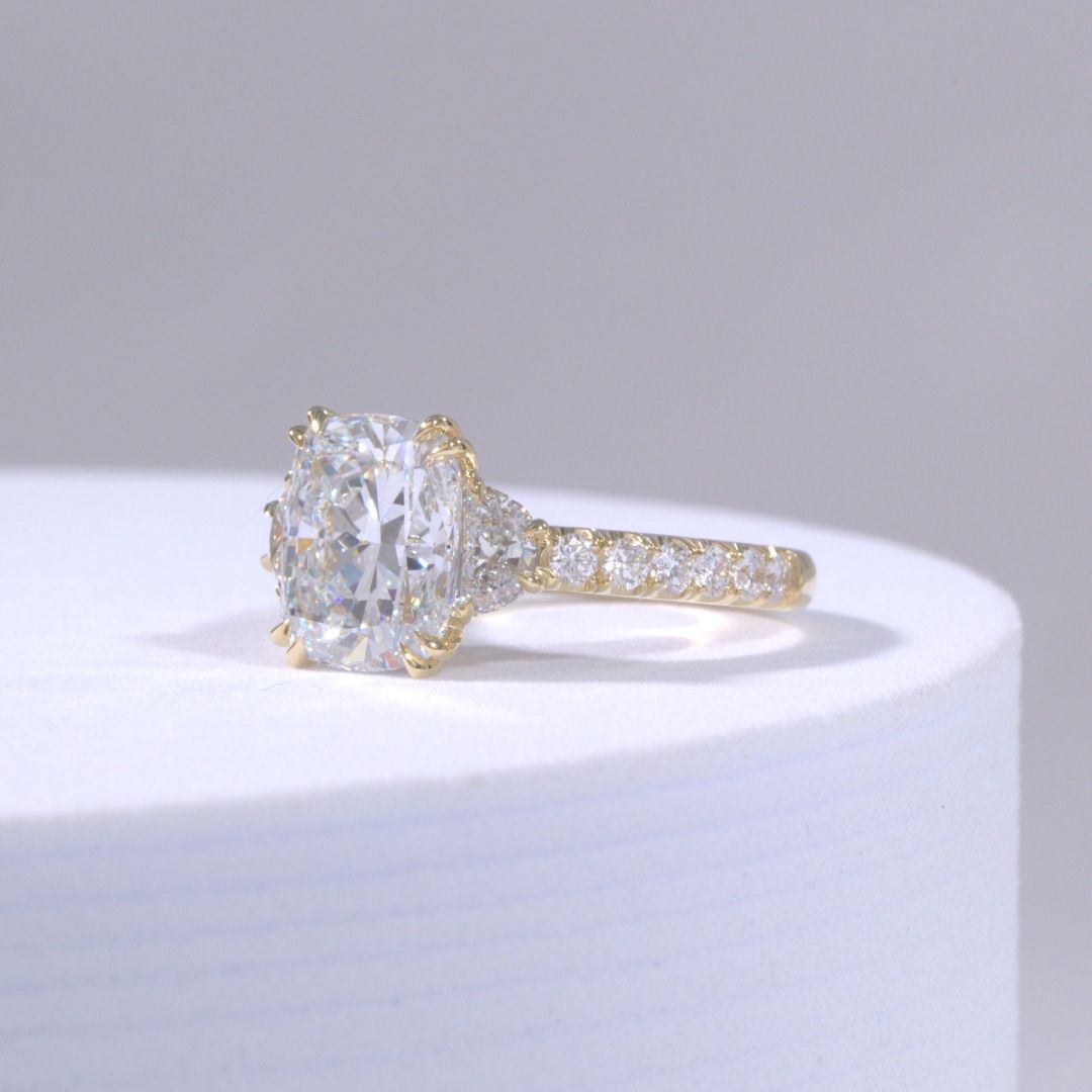 Cushion Diamond Hidden Halo U Pave with Half Moon Side Stones Yellow Gold Engagement Ring