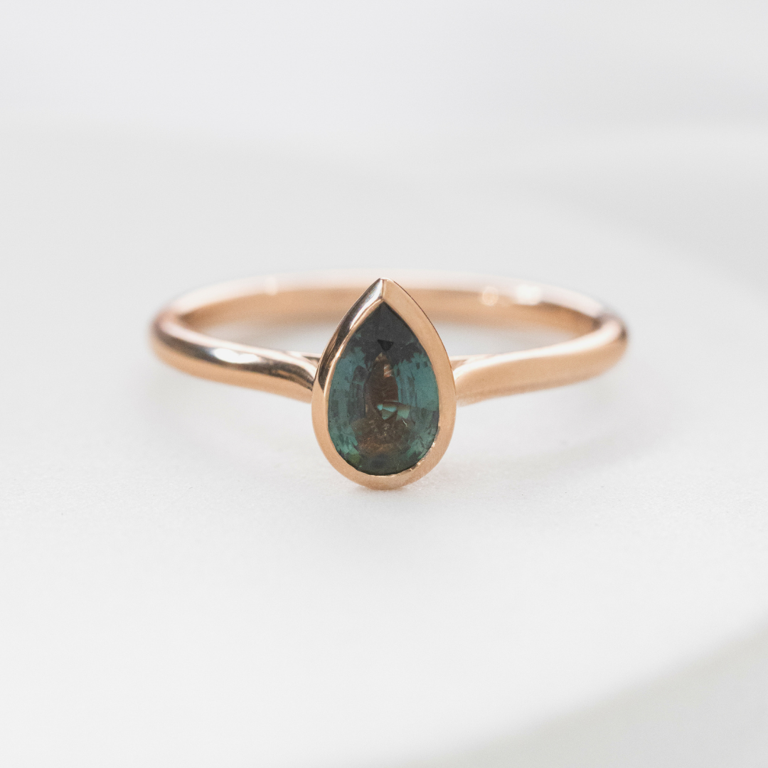 Pear Alexandrite Bezel Set Tulip Basket Tapered Cathedral Solitaire Rose Gold Engagement Ring