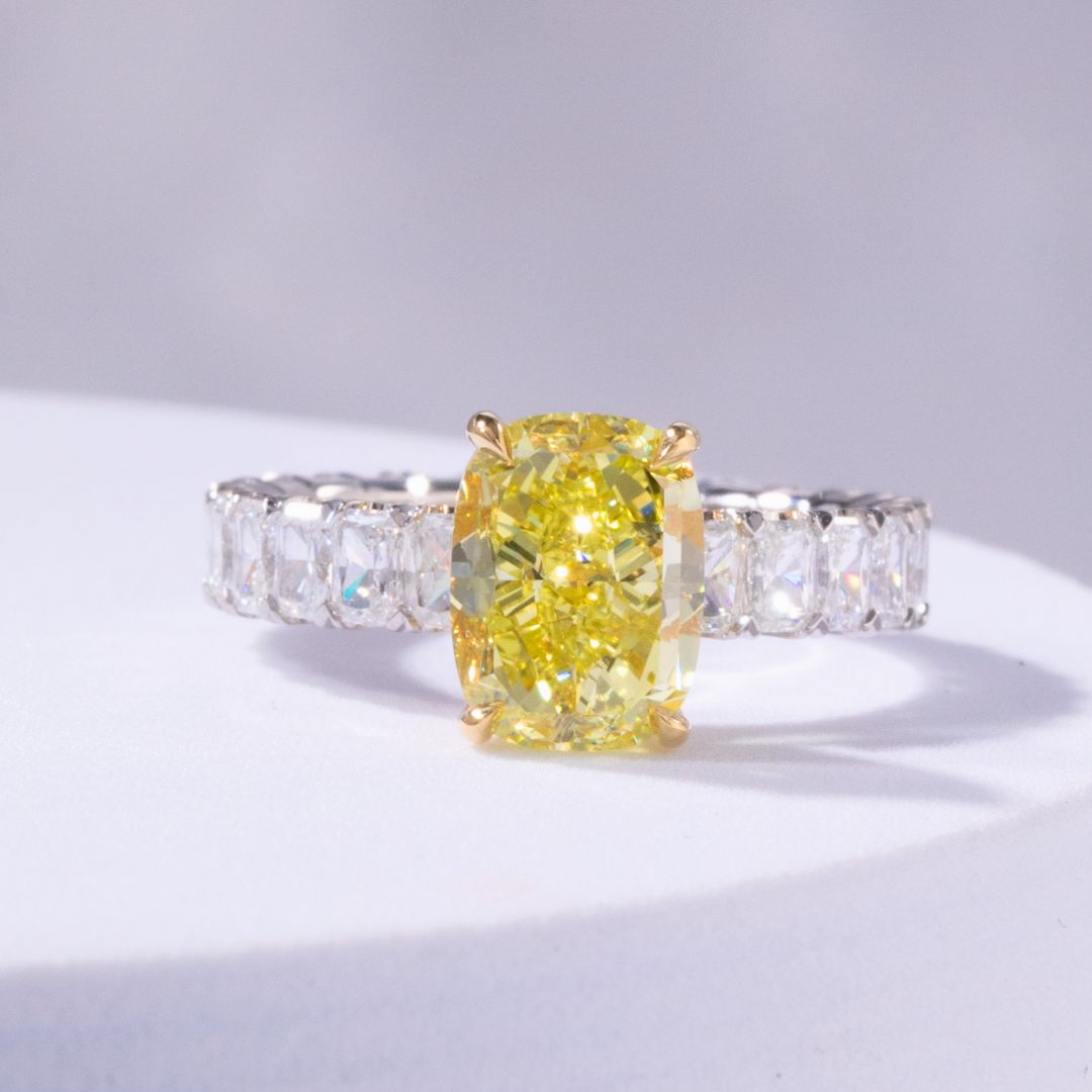 3ct Cushion Canary Yellow Diamond with Radiant Cut Diamond Eternity Ring