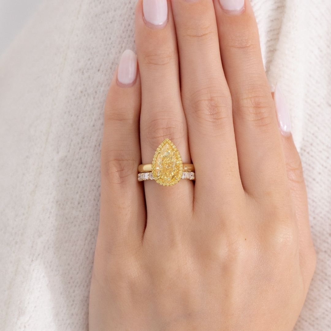 3.6ct Pear Shape Yellow Lab Grown Diamond Halo Solitaire Engagement Ring