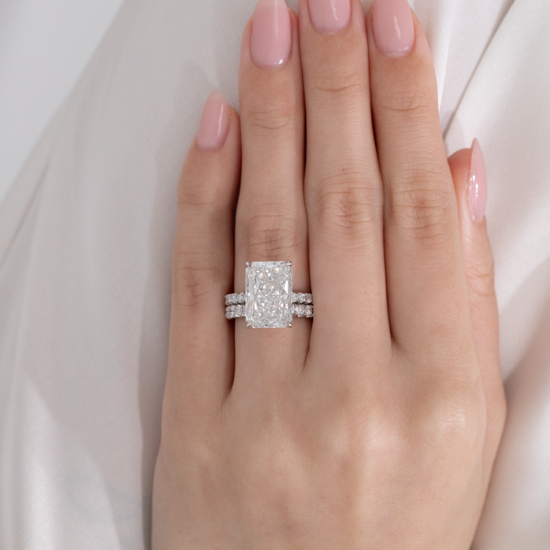 7ct Lab Grown Radiant Diamond Hidden Halo French Pavé Platinum Engagement Ring