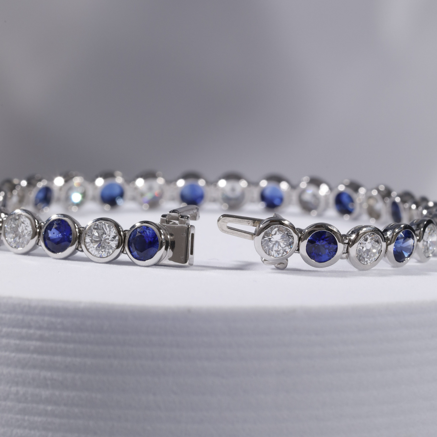 Natural Round Blue Sapphire & Diamond Bezel White Gold Tennis Bracelet