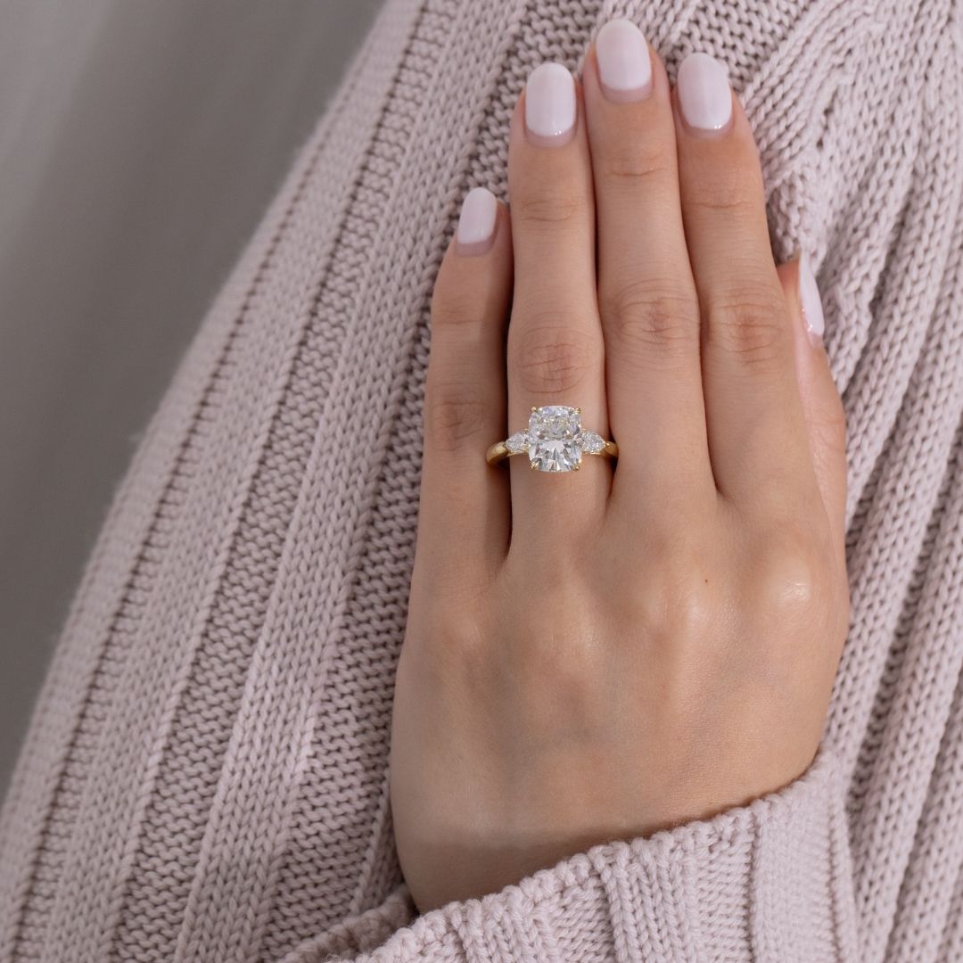 4ct Cushion Cut Diamond 3 Stone Ring with Pears and Hidden Halo Yellow Gold Engagement Ring