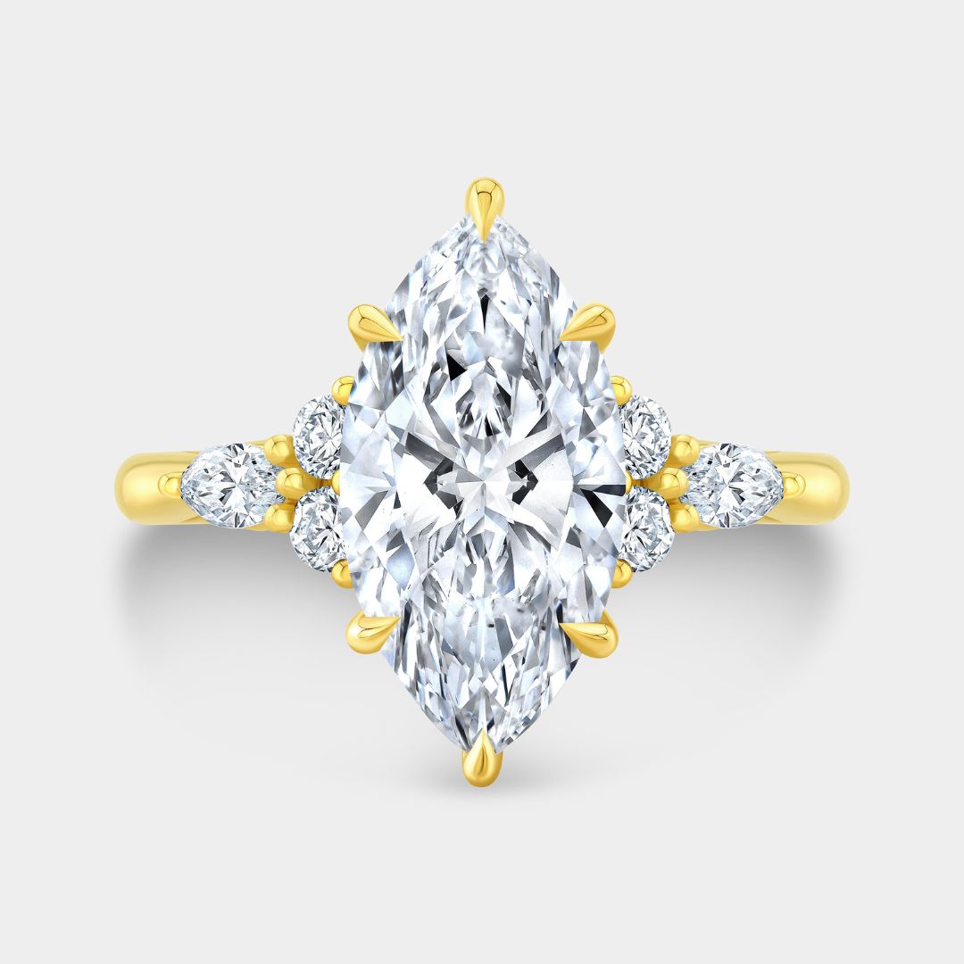 Marquise Diamond Claudia 7 Stone Cluster Hidden Halo Yellow Gold Engagement Ring